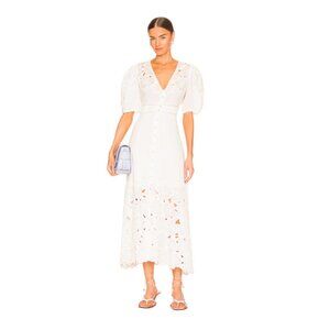 NWT Veronica Beard Hope Dress Womens 2 White V-Neck Short Puff Sleeve Midi NEW